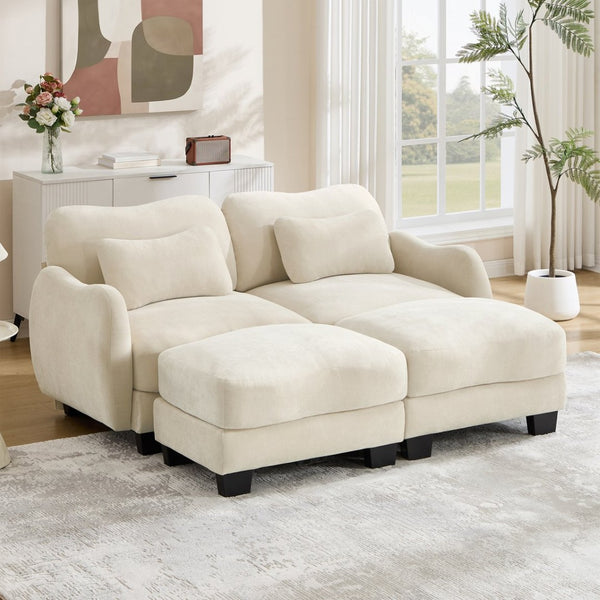 English Elm Chenille Upholstered Modular Loveseat with Ottoman Lumbar Support for Living Room Beige W714S01935