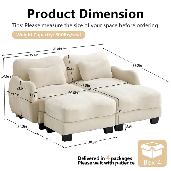 English Elm Chenille Upholstered Modular Loveseat with Ottoman Lumbar Support for Living Room Beige W714S01935