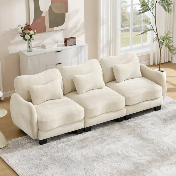 English Elm Chenille Three Seat Sofa with Lumbar Pillows Ergonomic Curved Frame for Living Room Beige W714S01936