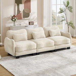 English Elm Chenille Three Seat Sofa with Lumbar Pillows Ergonomic Curved Frame for Living Room Beige W714S01936