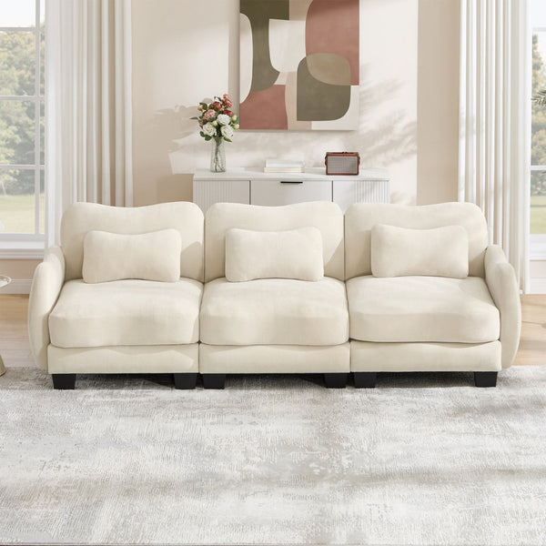 English Elm Chenille Three Seat Sofa with Lumbar Pillows Ergonomic Curved Frame for Living Room Beige W714S01936