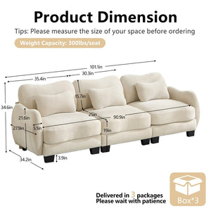 English Elm Chenille Three Seat Sofa with Lumbar Pillows Ergonomic Curved Frame for Living Room Beige W714S01936