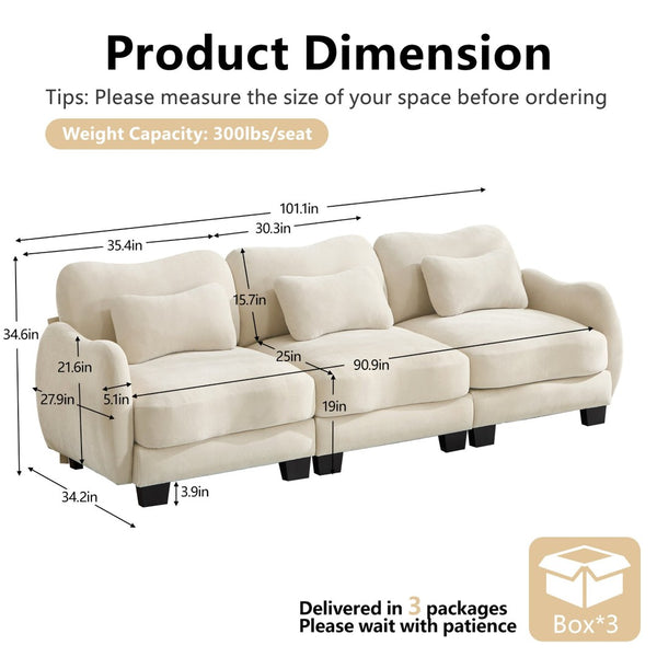 English Elm Chenille Three Seat Sofa with Lumbar Pillows Ergonomic Curved Frame for Living Room Beige W714S01936
