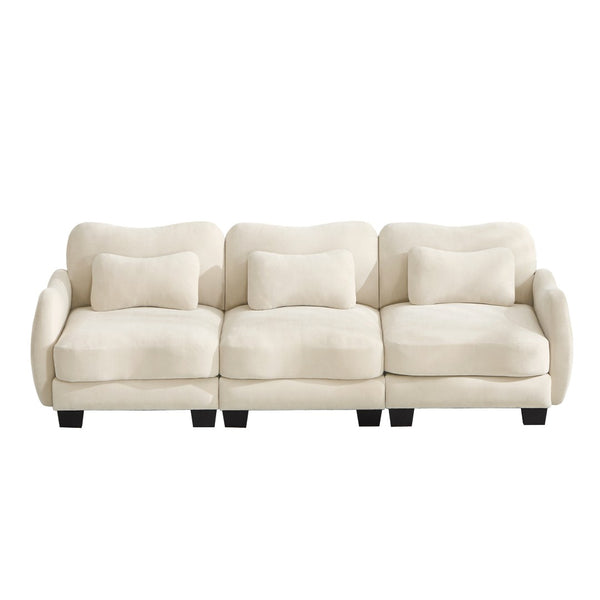 English Elm Chenille Three Seat Sofa with Lumbar Pillows Ergonomic Curved Frame for Living Room Beige W714S01936