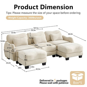 English Elm Chenille Oversized U-shaped Sectional Sofa with Modular Ottomans and Cloud Cushion Comfort Beige W714S01938