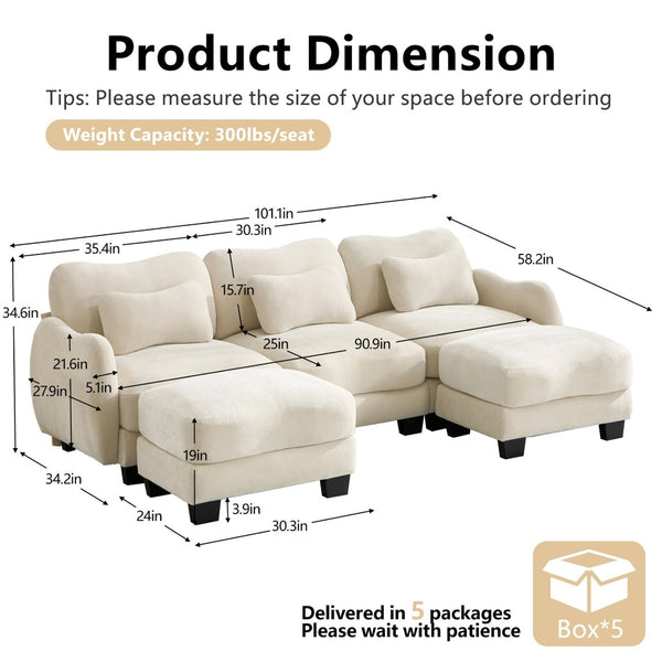 English Elm Chenille Oversized U-shaped Sectional Sofa with Modular Ottomans and Cloud Cushion Comfort Beige W714S01938