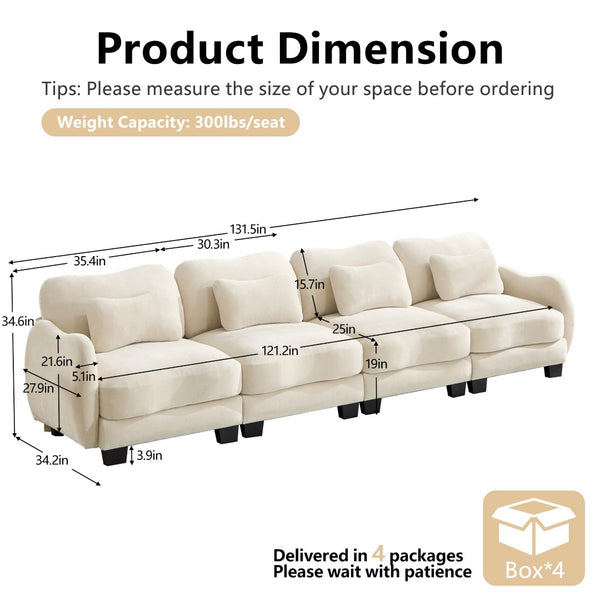 English Elm Oversize Chenille Four Seat Modular Sofa Ergonomic Curved Cloud Comfort Living Room Couch Beige W714S01939