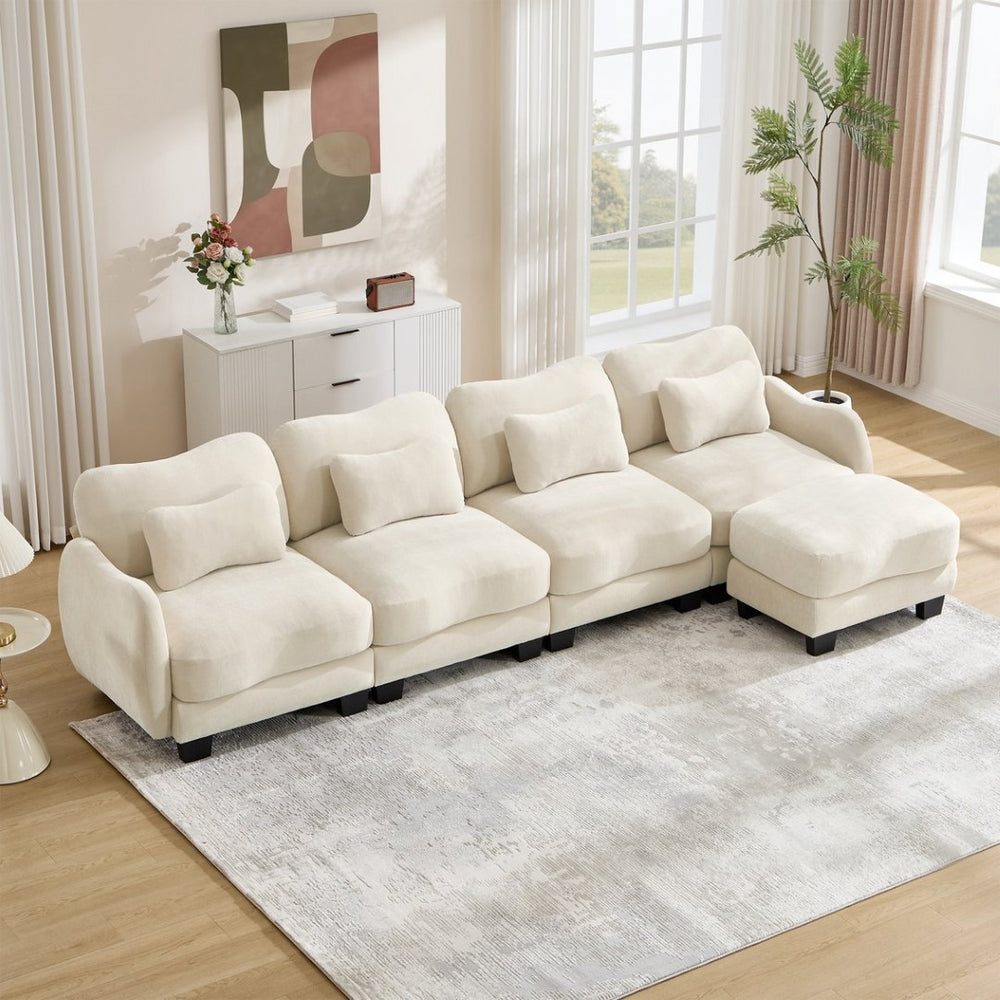 English Elm Oversize Chenille Modular Sectional Sofa with Ottoman Curved Ergonomic Living Room Couch Beige W714S01940