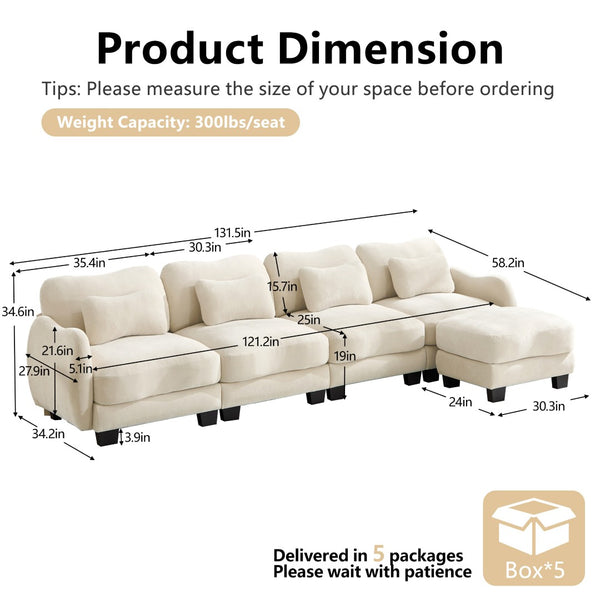 English Elm Oversize Chenille Modular Sectional Sofa with Ottoman Curved Ergonomic Living Room Couch Beige W714S01940