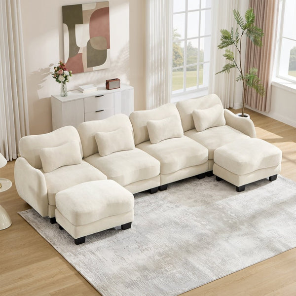 English Elm Oversized Chenille U-shaped Sectional Sofa Modular Curved 4 Seater with Ottomans Beige W714S01941