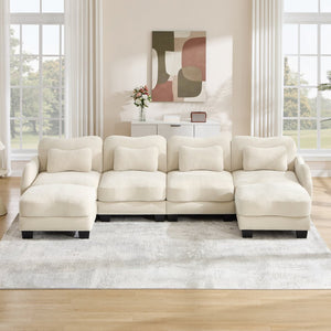 English Elm Oversized Chenille U-shaped Sectional Sofa Modular Curved 4 Seater with Ottomans Beige W714S01941