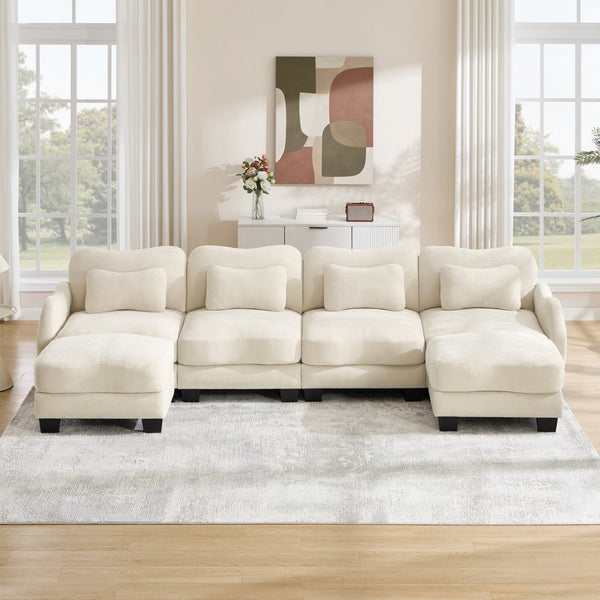 English Elm Oversized Chenille U-shaped Sectional Sofa Modular Curved 4 Seater with Ottomans Beige W714S01941