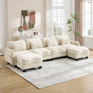 English Elm Oversized Chenille U-shaped Sectional Sofa Modular Curved 4 Seater with Ottomans Beige W714S01941