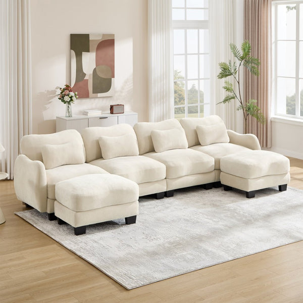 English Elm Oversized Chenille U-shaped Sectional Sofa Modular Curved 4 Seater with Ottomans Beige W714S01941