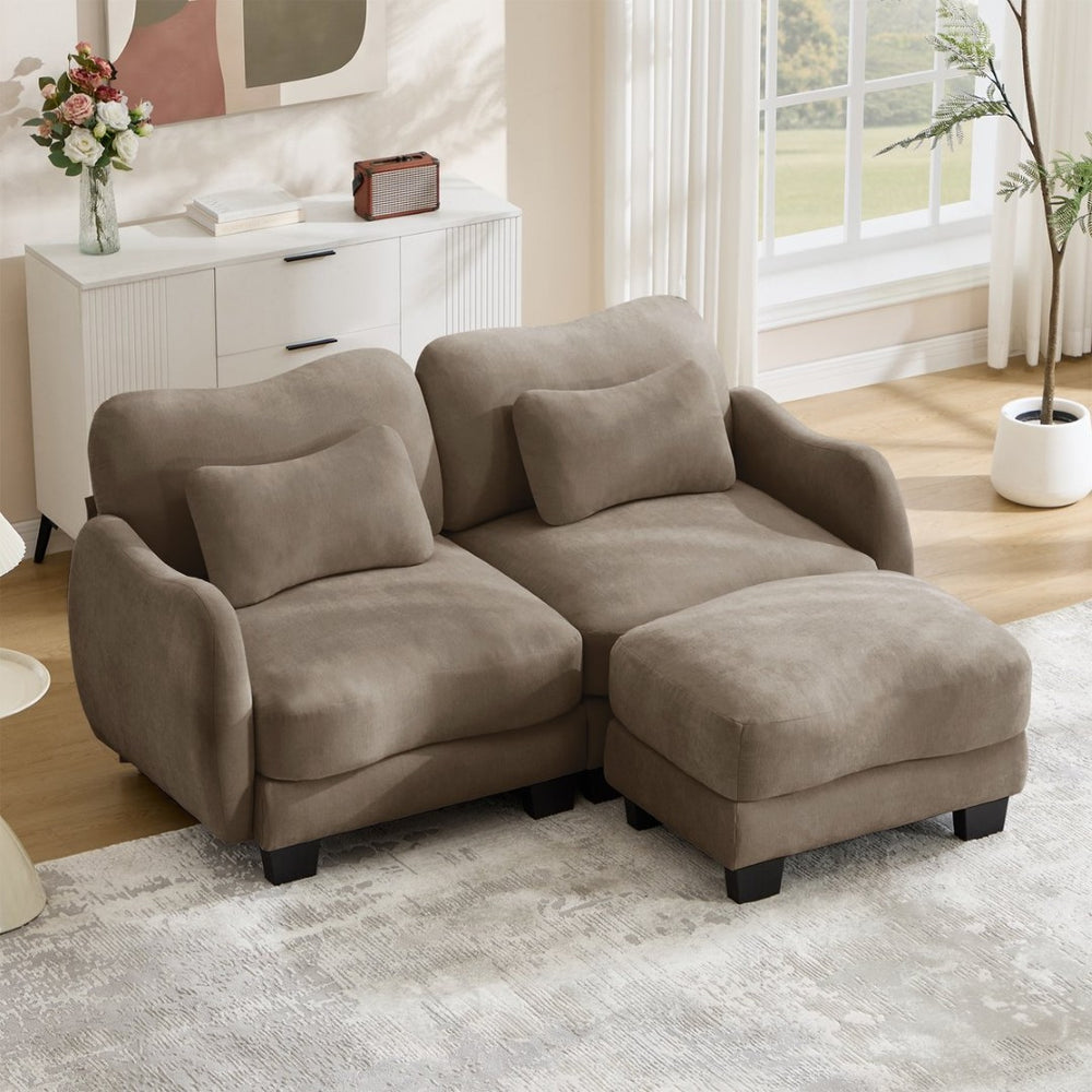 English Elm Chenille L Shaped Loveseat with Lumbar Pillow Movable Ottoman for Apartment Living Coffee W714S01943