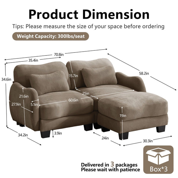 English Elm Chenille L Shaped Loveseat with Lumbar Pillow Movable Ottoman for Apartment Living Coffee W714S01943