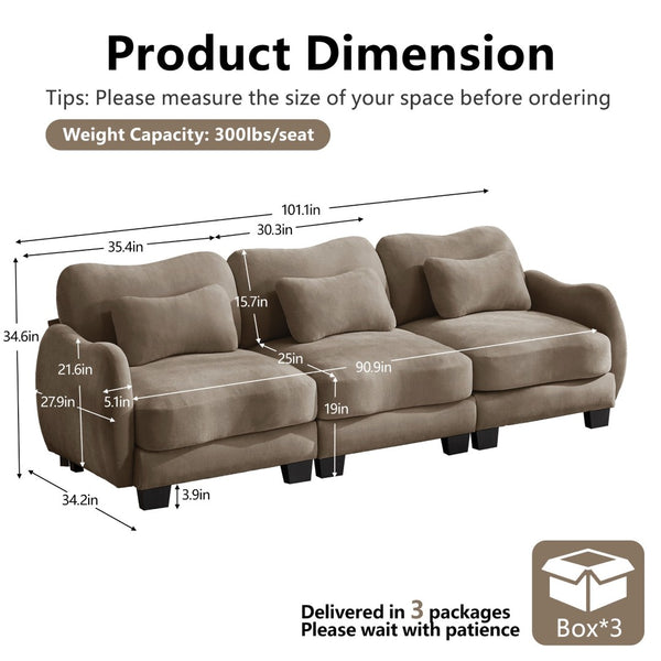 English Elm Chenille Three Seat Sofa with Lumbar Pillows Ergonomic Curved Frame for Living Room Coffee W714S01945