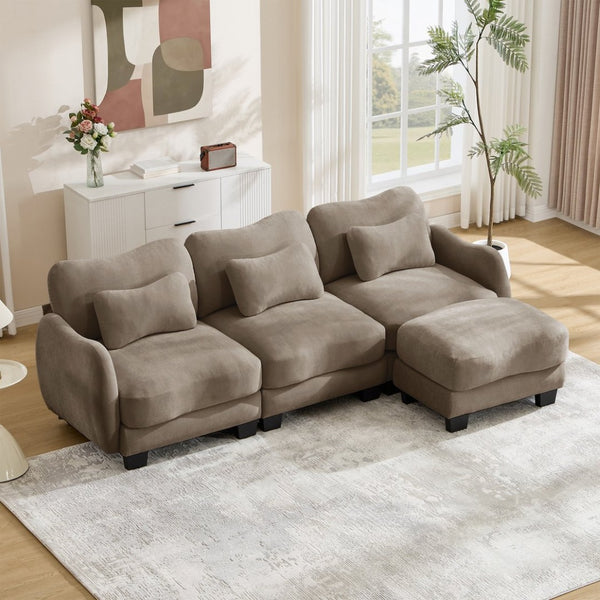 English Elm Chenille Modular Sectional Sofa with Ottoman Lumbar Pillows for Living Room Comfort Coffee W714S01946