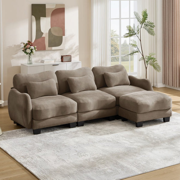 English Elm Chenille Modular Sectional Sofa with Ottoman Lumbar Pillows for Living Room Comfort Coffee W714S01946