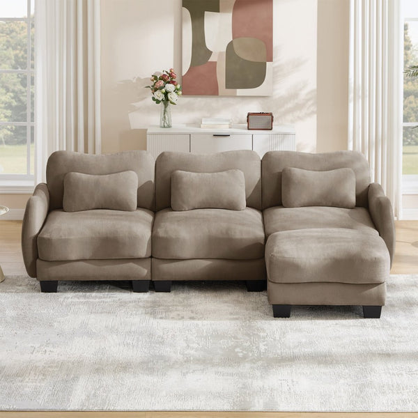 English Elm Chenille Modular Sectional Sofa with Ottoman Lumbar Pillows for Living Room Comfort Coffee W714S01946
