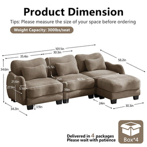 English Elm Chenille Modular Sectional Sofa with Ottoman Lumbar Pillows for Living Room Comfort Coffee W714S01946