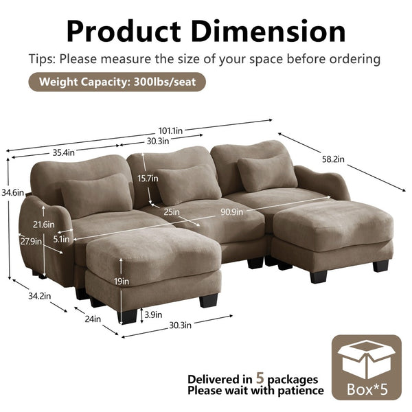English Elm Chenille Oversized U-shaped Sectional Sofa with Modular Ottomans and Cloud Cushion Comfort Coffee W714S01947