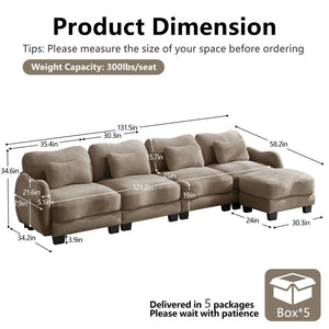 English Elm Oversize Chenille Modular Sectional Sofa with Ottoman Curved Ergonomic Living Room Couch Coffee W714S01949