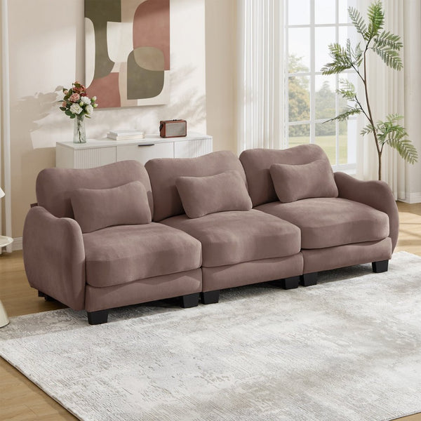 English Elm Chenille Three Seat Sofa with Lumbar Pillows Ergonomic Curved Frame for Living Room Rose Dust W714S01954