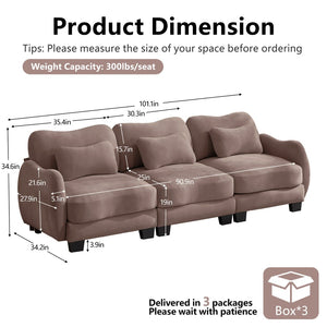 English Elm Chenille Three Seat Sofa with Lumbar Pillows Ergonomic Curved Frame for Living Room Rose Dust W714S01954