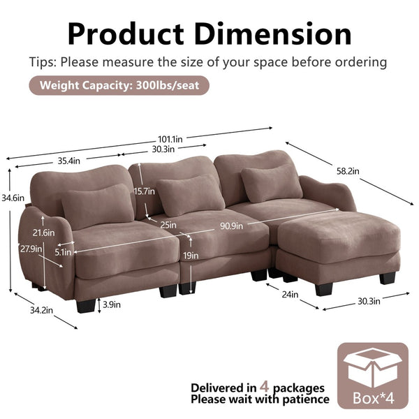 English Elm Chenille Modular Sectional Sofa with Ottoman Lumbar Pillows for Living Room Comfort Rose Dust W714S01955