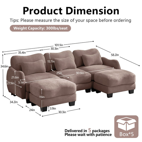 English Elm Chenille Oversized U-shaped Sectional Sofa with Modular Ottomans and Cloud Cushion Comfort Rose Dust W714S01956