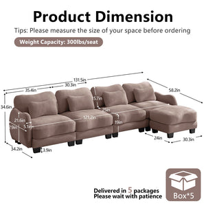 English Elm Oversize Chenille Modular Sectional Sofa with Ottoman Curved Ergonomic Living Room Couch Rose Dust W714S01958
