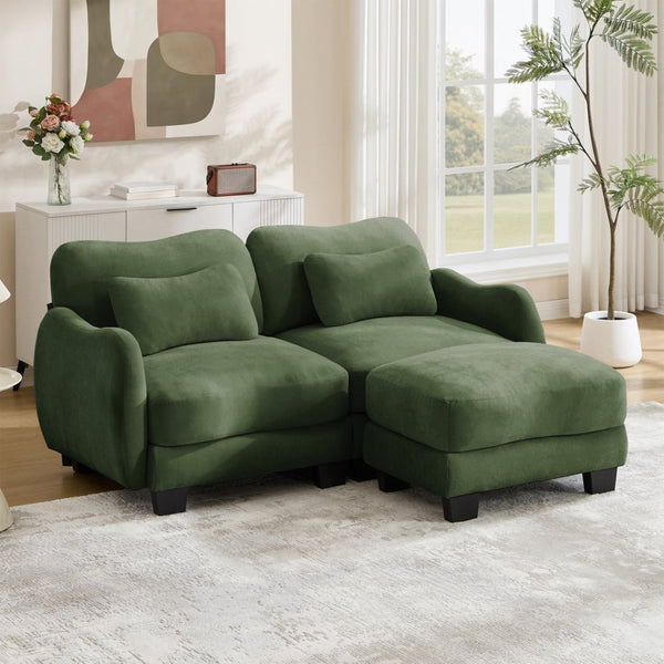 English Elm Chenille L Shaped Loveseat with Lumbar Pillow Movable Ottoman for Apartment Living Green W714S01961