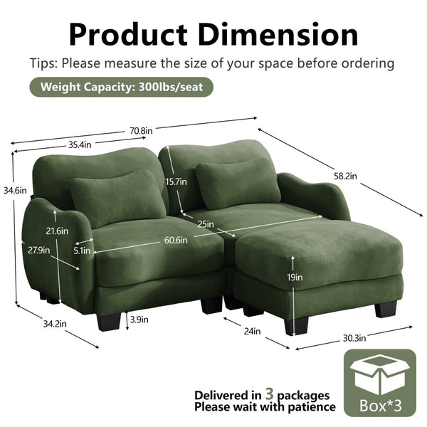 English Elm Chenille L Shaped Loveseat with Lumbar Pillow Movable Ottoman for Apartment Living Green W714S01961