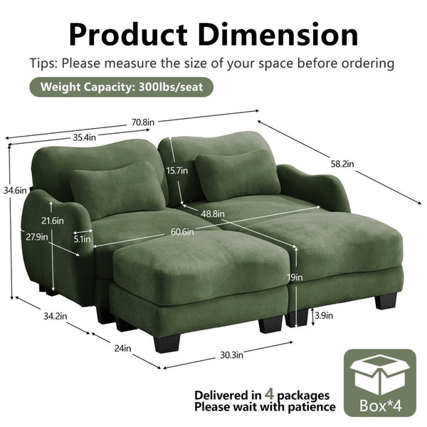 English Elm Chenille Upholstered Modular Loveseat with Ottoman Lumbar Support for Living Room Green W714S01962