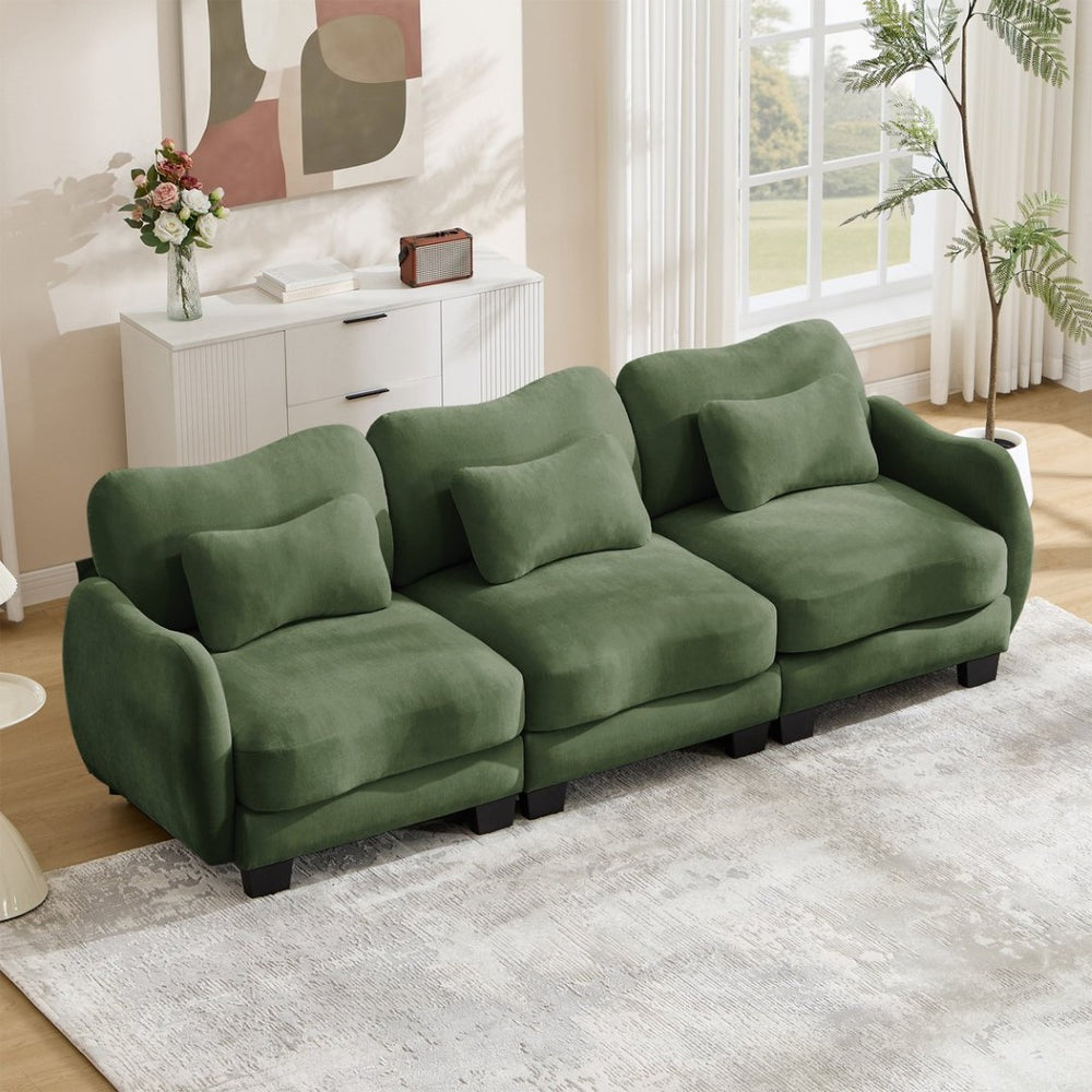 English Elm Chenille Three Seat Sofa with Lumbar Pillows Ergonomic Curved Frame for Living Room Green W714S01963