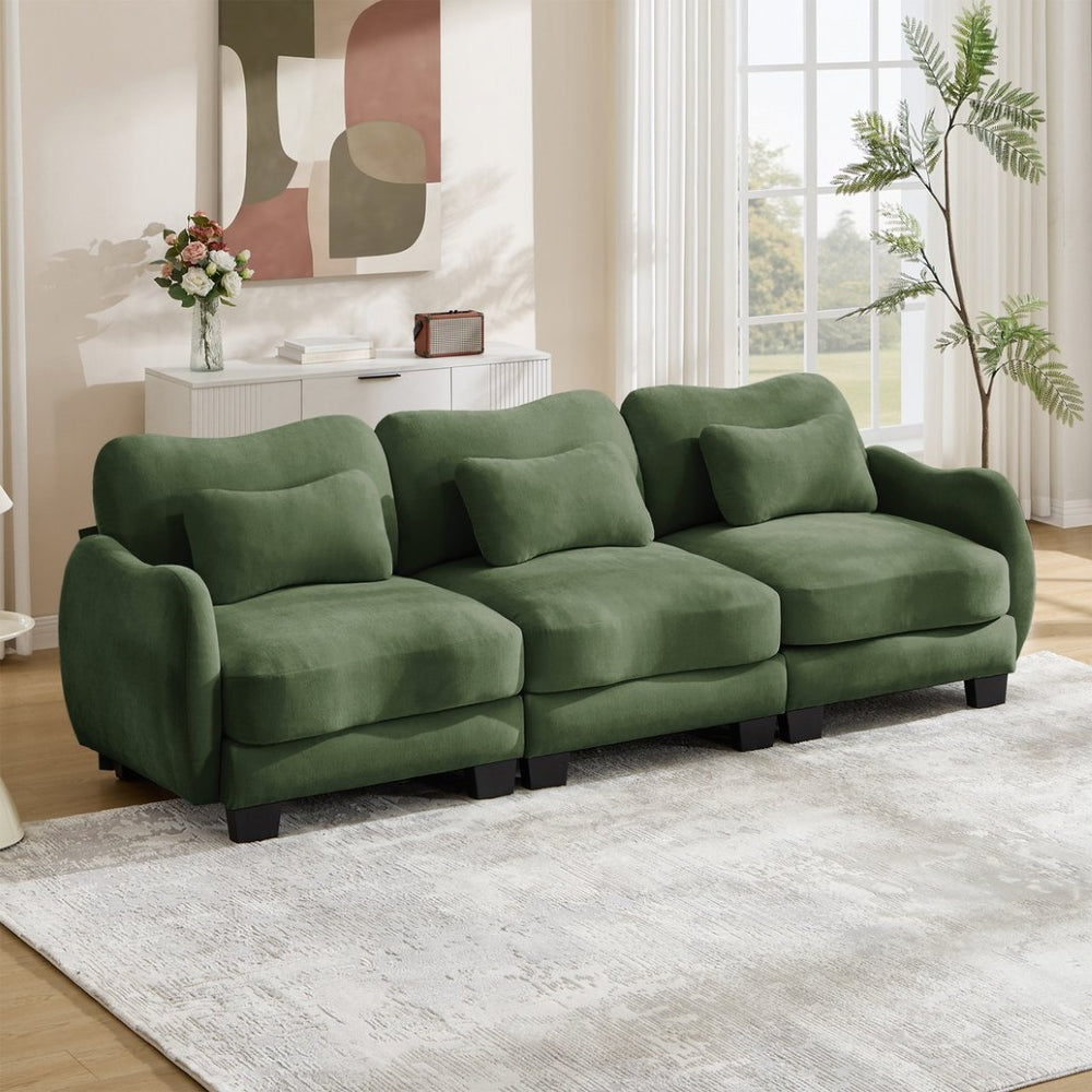 English Elm Chenille Three Seat Sofa with Lumbar Pillows Ergonomic Curved Frame for Living Room Green W714S01963