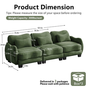 English Elm Chenille Three Seat Sofa with Lumbar Pillows Ergonomic Curved Frame for Living Room Green W714S01963