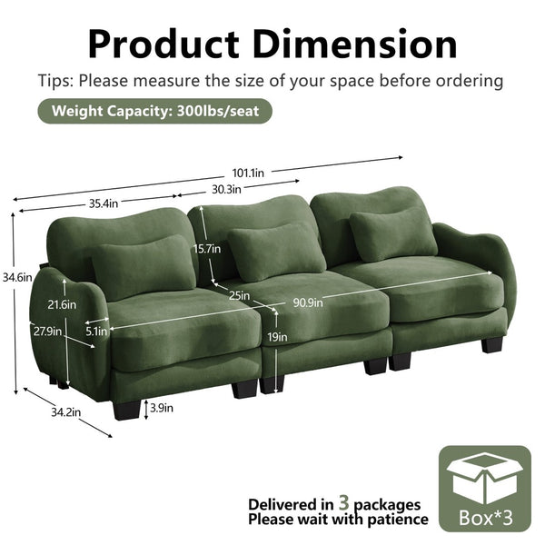 English Elm Chenille Three Seat Sofa with Lumbar Pillows Ergonomic Curved Frame for Living Room Green W714S01963