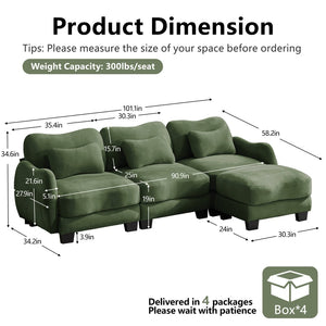 English Elm Chenille Modular Sectional Sofa with Ottoman Lumbar Pillows for Living Room Comfort Green W714S01964