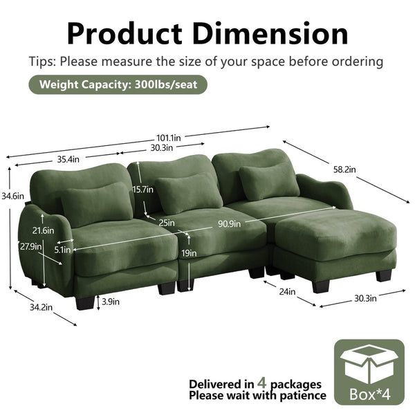 English Elm Chenille Modular Sectional Sofa with Ottoman Lumbar Pillows for Living Room Comfort Green W714S01964