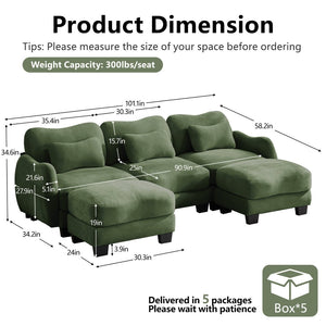 English Elm Chenille Oversized U-shaped Sectional Sofa with Modular Ottomans and Cloud Cushion Comfort Green W714S01965