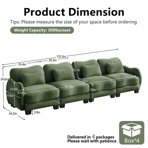 English Elm Oversize Chenille Four Seat Modular Sofa Ergonomic Curved Cloud Comfort Living Room Couch Green W714S01966