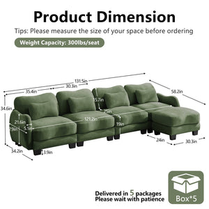 English Elm Oversize Chenille Modular Sectional Sofa with Ottoman Curved Ergonomic Living Room Couch Green W714S01967