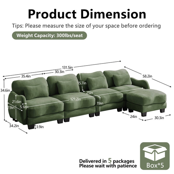 English Elm Oversize Chenille Modular Sectional Sofa with Ottoman Curved Ergonomic Living Room Couch Green W714S01967