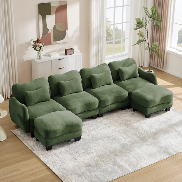 English Elm Oversized Chenille U-shaped Sectional Sofa Modular Curved 4 Seater with Ottomans Green W714S01968