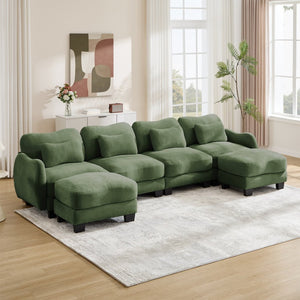 English Elm Oversized Chenille U-shaped Sectional Sofa Modular Curved 4 Seater with Ottomans Green W714S01968