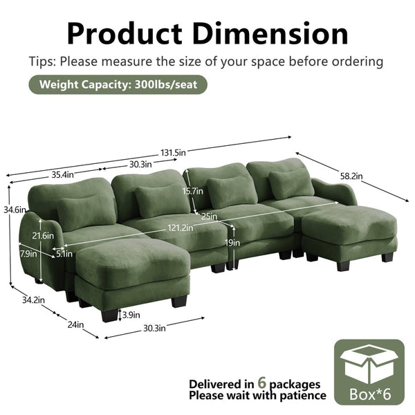 English Elm Oversized Chenille U-shaped Sectional Sofa Modular Curved 4 Seater with Ottomans Green W714S01968
