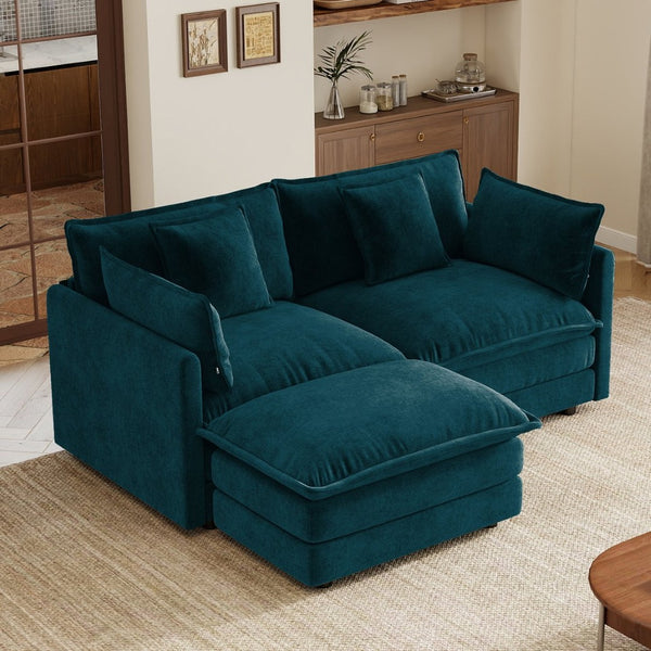 English Elm L-shaped Chenille Sectional Sofa with Ottoman Modular Seating for Compact Living Rooms Blue W714S01969