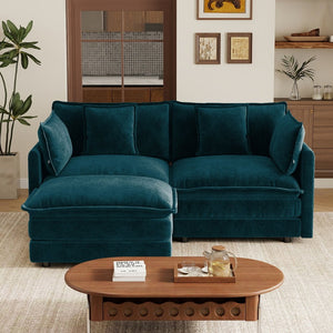 English Elm L-shaped Chenille Sectional Sofa with Ottoman Modular Seating for Compact Living Rooms Blue W714S01969